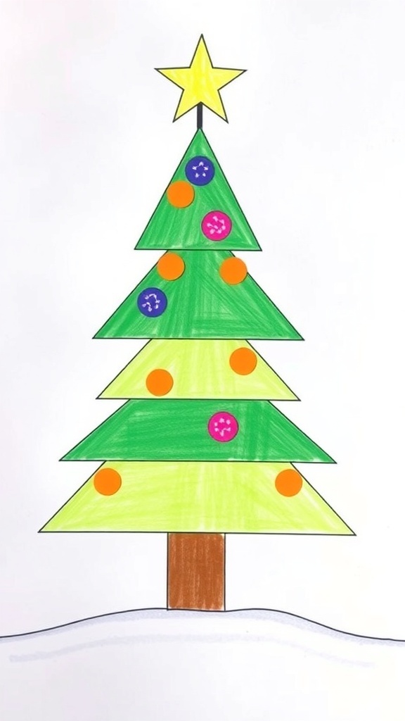 A Christmas tree drawing using basic shapes, featuring green triangles and a brown trunk, decorated with colorful ornaments.